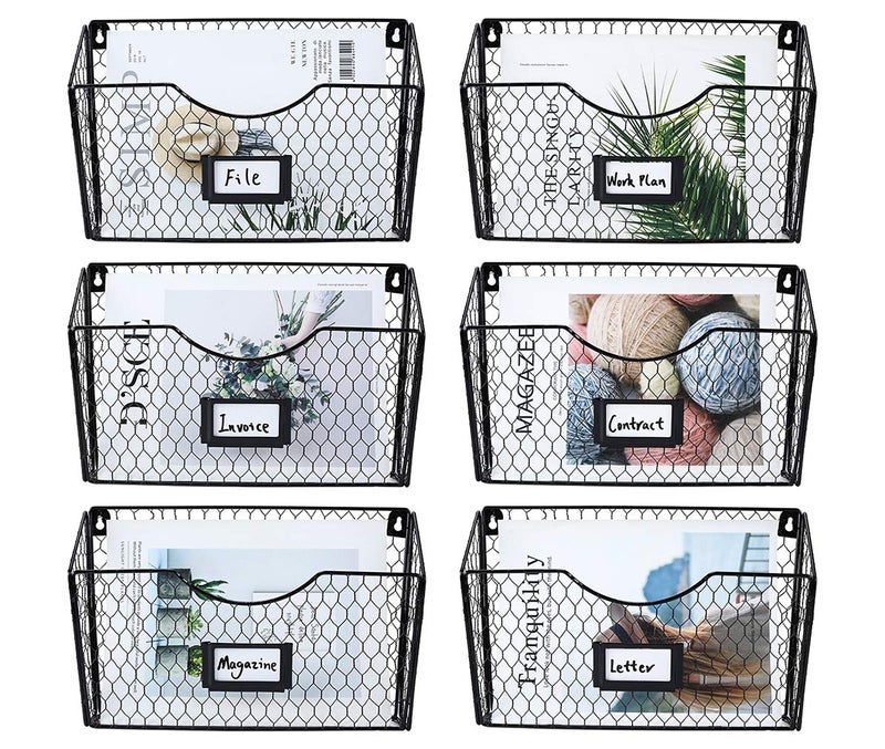 PAG 6 Pockets Hanging File Holder Wall Mount Mail Organizer Metal Chicken Wire Magazine Rack with Tag Slot, Black - Image 1